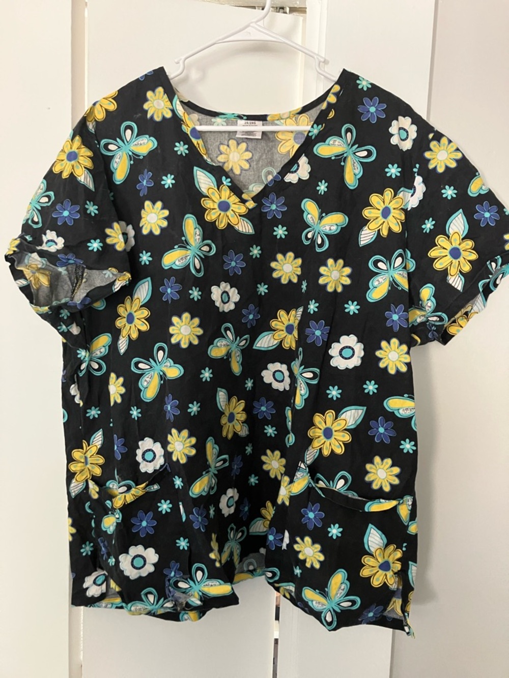 Floral V-Neck Women’s Scrub Top in Black and Yellow